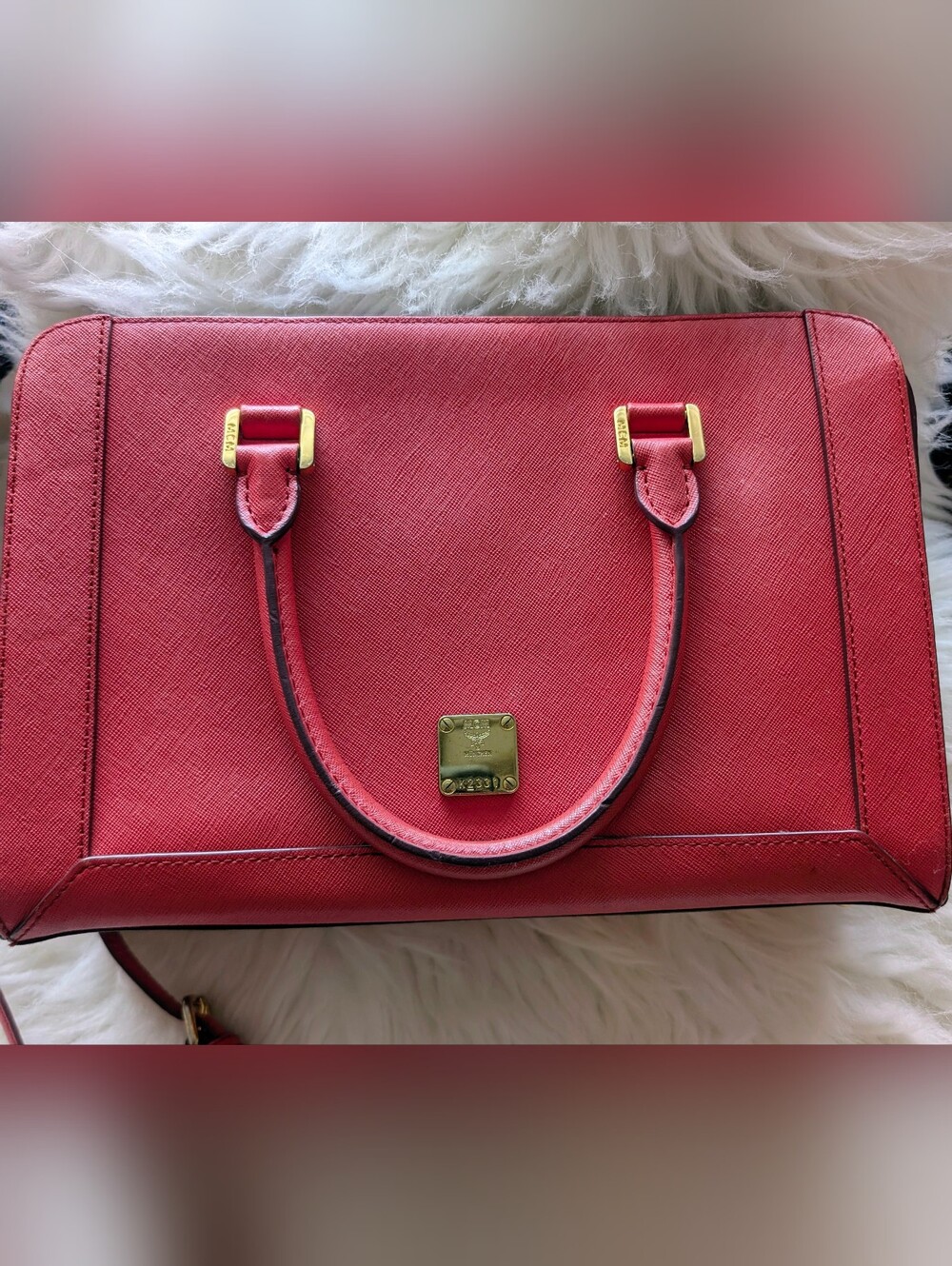 MCM Saffiano Leather Satchel with Gold Hardware